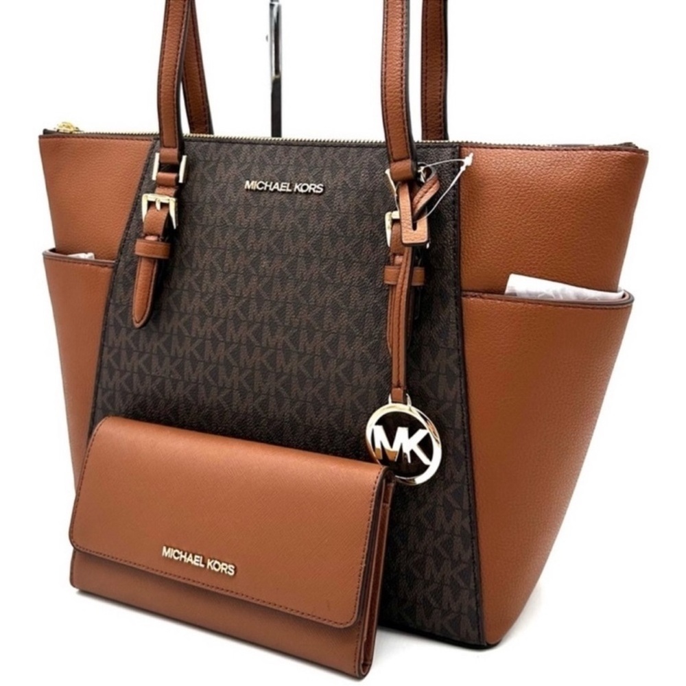 Michael Kors Large Charlotte Tote Bag & Matching Trifold Wallet Brown